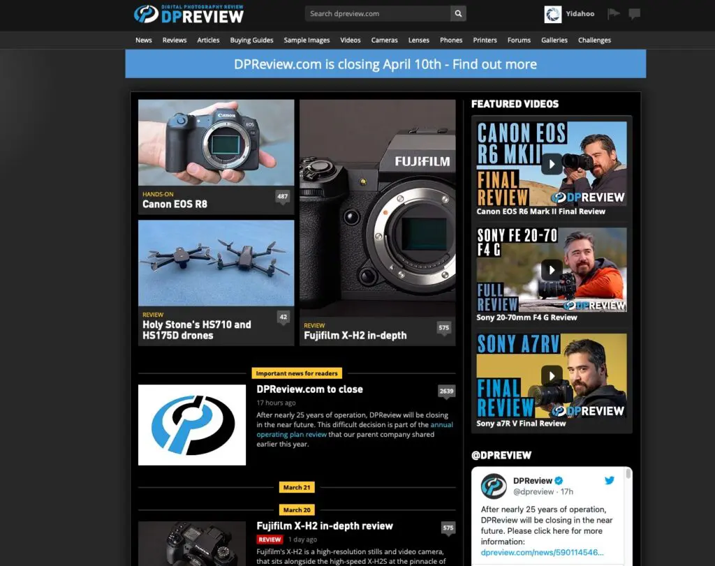 Capture d'écran du site Web photographique, DPReview 